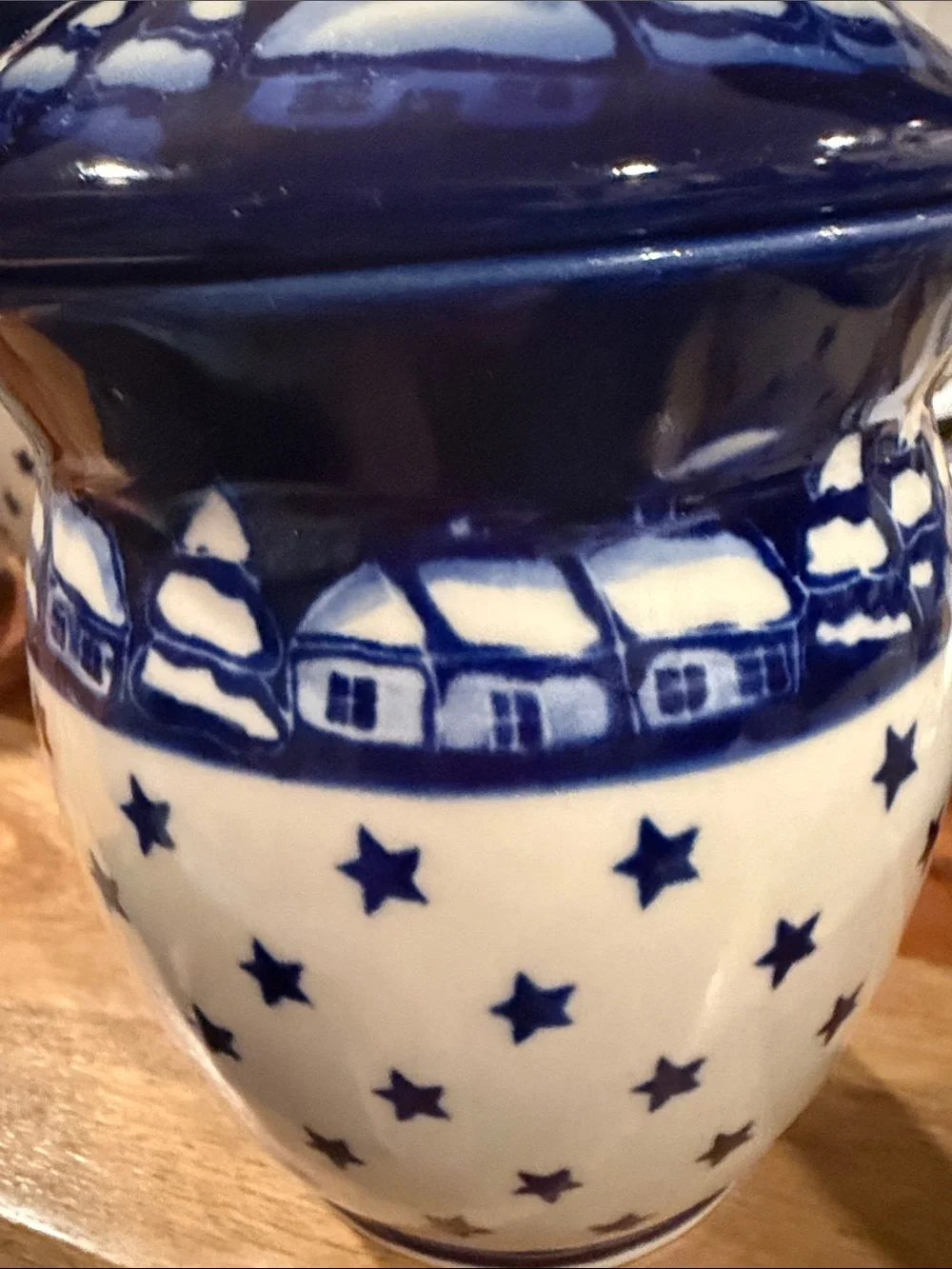 Polish Pottery Winter Village with stars canister 1 liter Ceramic